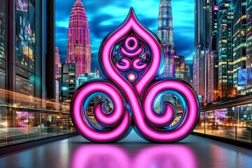 Fototapeta premium A cyberpunk-themed Aum symbol glowing in neon pink and blue, surrounded by digital mandalas and a futuristic cityscape