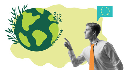 Man pointing towards green Earth, symbolizing responsibility, sustainable business practices, and eco-conscious decision-making. Conceptual art collage. Concept of innovation, ecology, environment