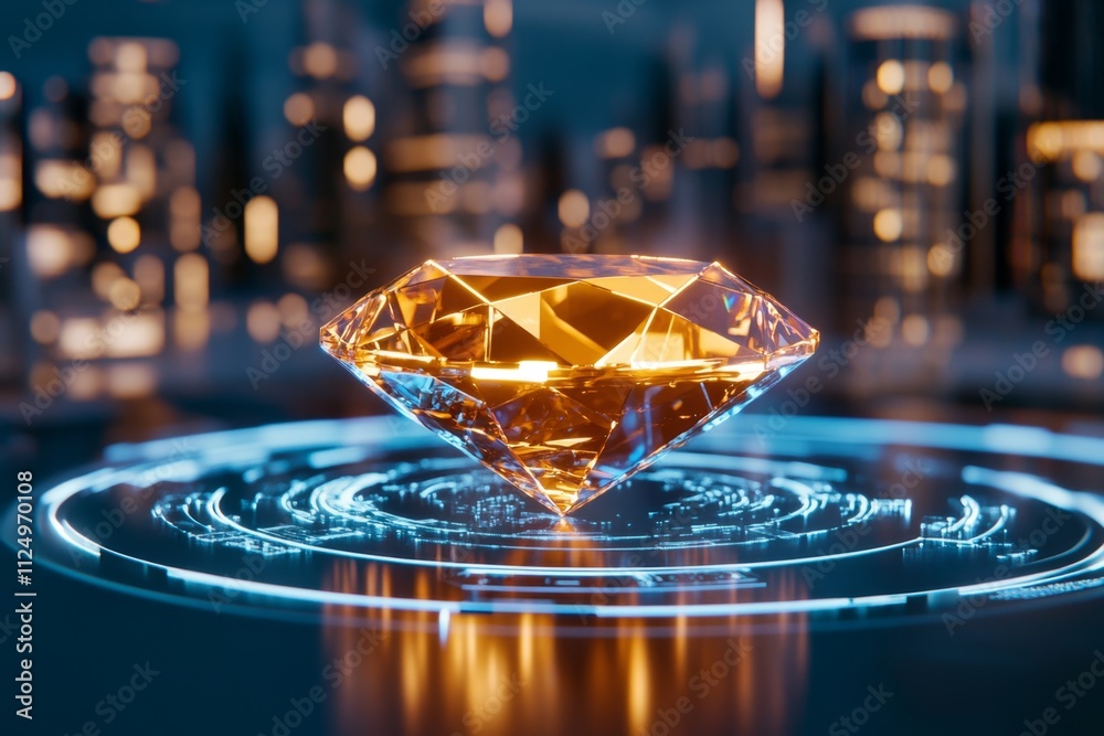 Poster a cyberpunk-themed depiction of a diamond embedded in a futuristic gadget, glowing neon blue and sur