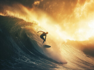 Naklejka premium Surfer na ogromnej fali, pryskająca woda i odbijające się światło słoneczne.