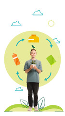 Young man interacting with globe, symbolizing harmony with nature and responsibility for sustainable living. Conceptual art collage. Concept of innovation, ecology, environment, care