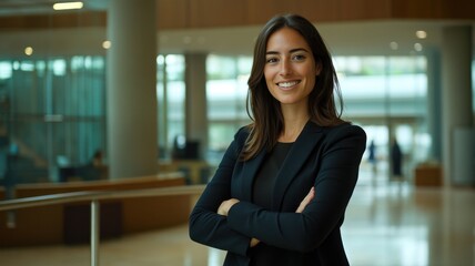 Studio portrait Young business woman 30s Caucasian in a suit against a background happy, smiling and Working In Office