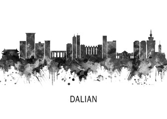 Obraz premium Dalian China Skyline BW, print poster travel art illustration urban modern downtown landmarks skyscrapers artwork architecture digital design 