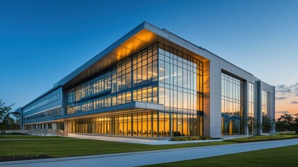 Obraz premium Modern glass office building at dusk.