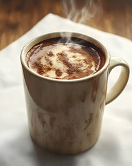 Obraz premium Steaming mug of hot chocolate with cocoa powder art on a white napkin.