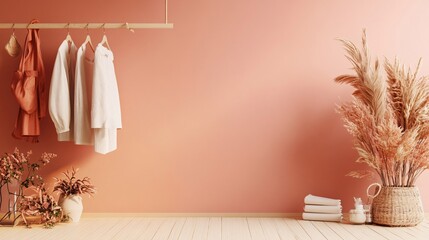 Minimalist wardrobe with dried plants and towels in a pink room