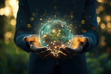 Fantastic Businessman holding glowing blockchain sphere dark suit gold accents