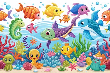 Fototapeta premium Cartoon Sea Animals Doodle Set of Hand-Drawn Ocean Creatures for Creative Design and Illustration on a White Background