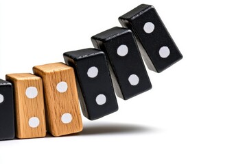 A dynamic depiction of a domino effect with tiles falling sequentially, captured against a pure white background, illustrating motion and cause-and-effect