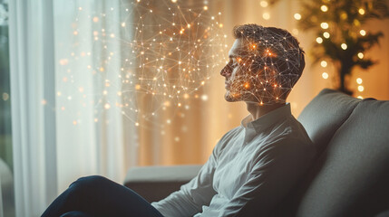 Man sitting in a modern interior with an illuminated digital neural network overlay on his face, symbolizing technology, innovation, and artificial intelligence in a futuristic setting