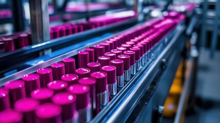 Fototapeta premium Cosmetic production line filling lipsticks, metal molds, and conveyors transporting vibrant tubes toward boxing stations