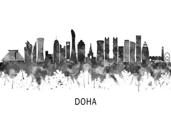 Fototapeta premium Doha Qatar Skyline BW, print poster travel art illustration urban modern downtown landmarks skyscrapers artwork architecture digital design 
