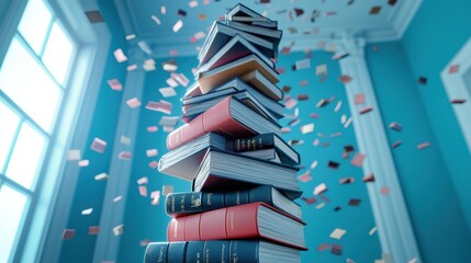 An overflowing bookshelf with stacks of books piled high, some leaning precariously against each other, suggesting an avid reader with a vast collection.
