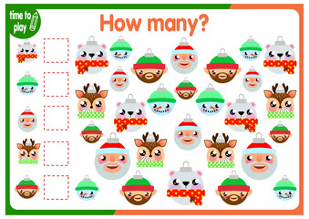Christmas counting game. Winter math lesson for preschool children. How Many Objects Worksheet. Educational riddle with cute funny pictures. New Year. Christmas	
