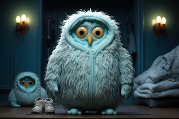 Obraz premium Beautiful owl sitting on a wooden floor in a dark room. Halloween concept.