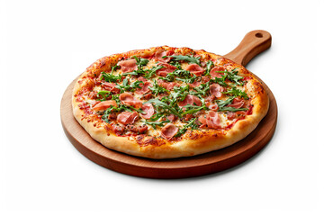 italian style pizza on wooden board on white background