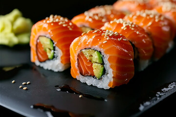 salmon roll japanese cuisine concept on a black background