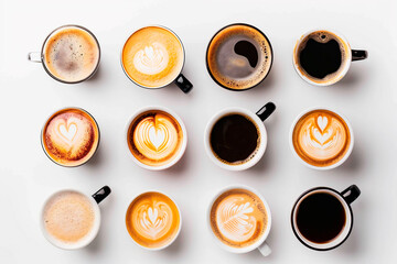 different types of coffee on white background top view