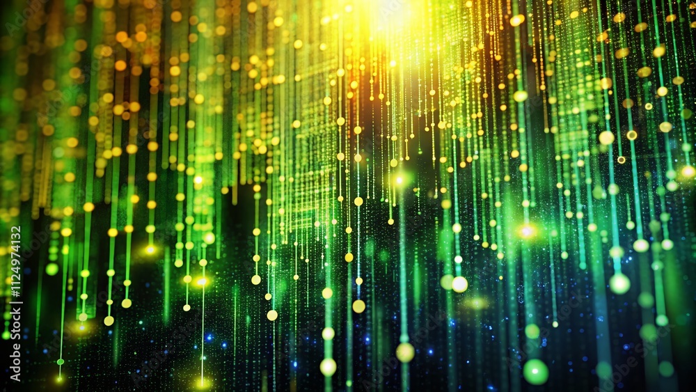 Poster cascading binary digits in green and yellow on a technological grid background for futuristic produc