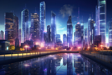 Fantastic modern metropolis city with sleek glass buildings reflecting the sunrise busy streets