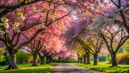 Picturesque park alley with blooming pink and white cherry blossom trees