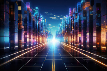 Incredible 3D Rendering of abstract highway path through digital binary towers in city