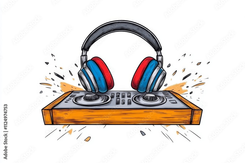 Poster a flat vector of a pair of headphones hanging on a mixing console, drawn with bold lines and colorfu