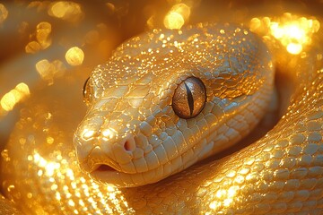 Obraz premium Golden snake resting on shimmering gold surface, blending seamlessly with its surroundings