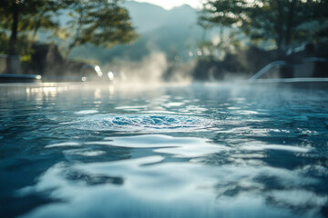 Obraz na płótnie Canvas A serene view of a steaming pool with gentle ripples on the water's surface, surrounded by lush greenery and misty mountains in the background.