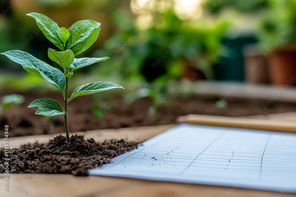 Wall mural A young green plant sprouting from rich soil, with a gardening plan sheet beside it. The background features blurred greenery, suggesting a garden setting.