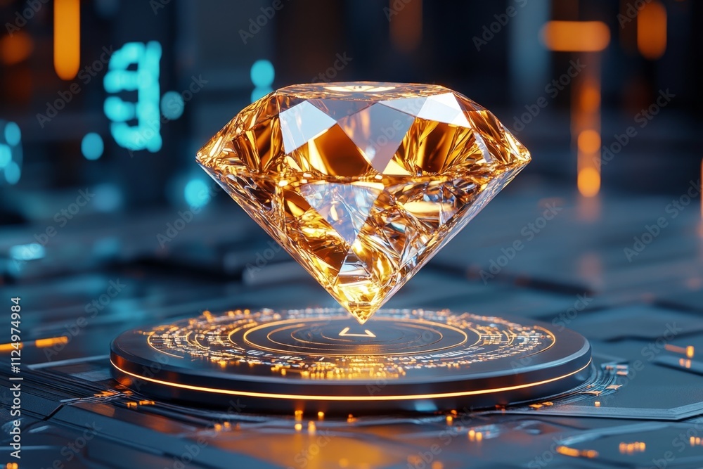 Poster A futuristic depiction of a diamond floating in a holographic display, surrounded by digital readouts and glowing geometric patterns
