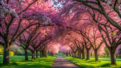 Picturesque park pathway under a vibrant canopy of cherry blossoms
