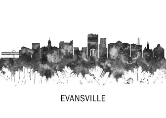 Obraz premium Evansville Indiana Skyline BW, print poster travel art illustration urban modern downtown landmarks skyscrapers artwork architecture digital design 