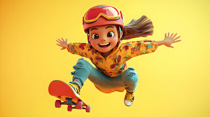 3D Illustration: Girl Skateboarding Joyfully