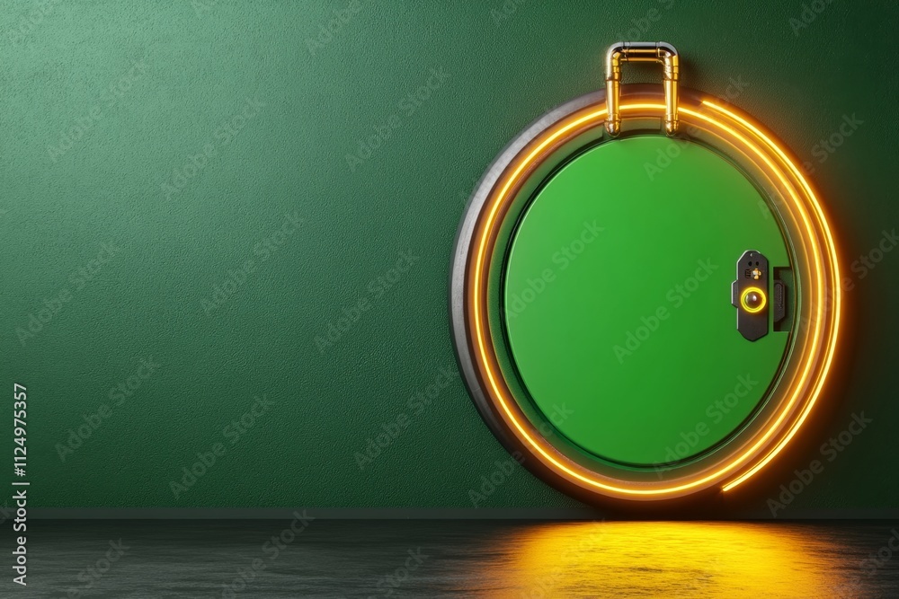 Poster a glowing outline of a futuristic door with a circular design, set against a plain dark background