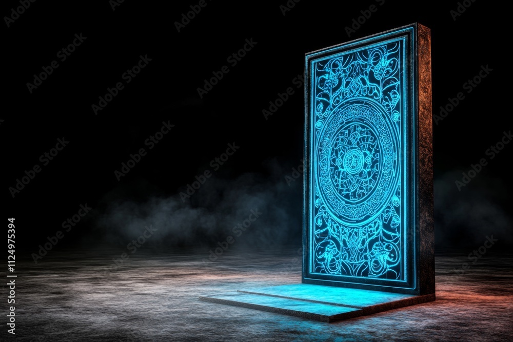 Poster a glowing outline of a futuristic door with a circular design, set against a plain dark background