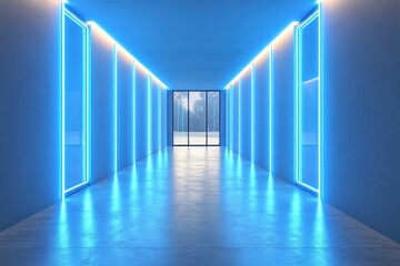 A modern corridor illuminated by blue neon lights, creating a futuristic atmosphere.