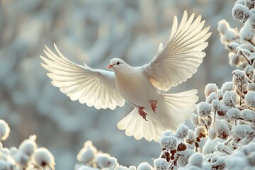 Obraz premium White dove gracefully soars through a serene snowy landscape 