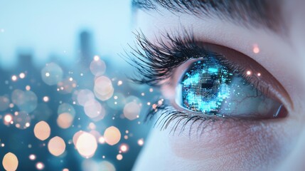 A futuristic cityscape reflected in a human eye, overlaid with augmented reality elements and data visualizations, highlighting the integration of technology and perception.
