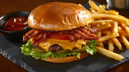 Delicious Cheeseburger with Fries and Ketchup
