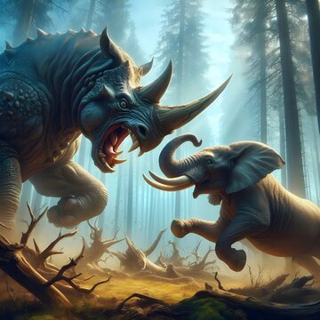 A very fierce one-horned rhinoceros fights with an angry elephant, the background is outside the spring forest, with a tense and scary atmosphere