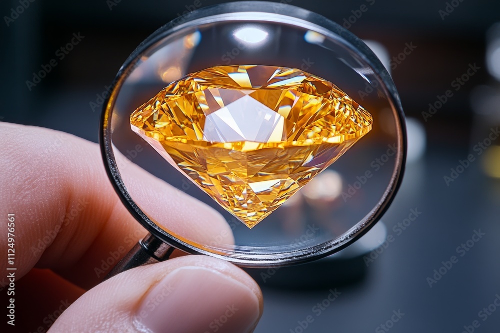 Aufkleber A hyper-realistic close-up of a diamond placed under a magnifying glass, showing its flawless facets and the light reflecting in brilliant patterns
