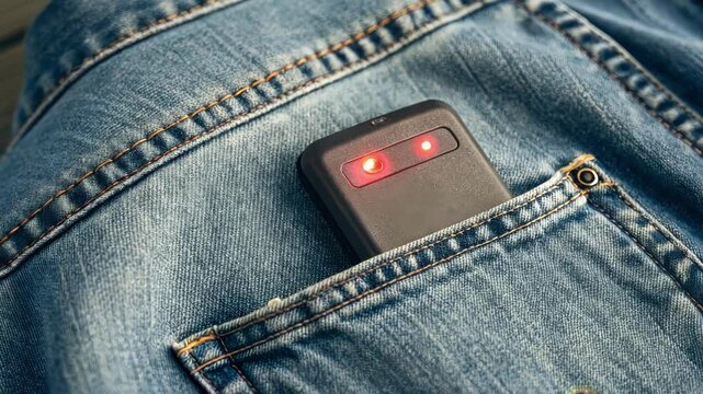 Soft Denim Pocket A closeup of a faded denim pocket the edges slightly frayed. A small rectangular pager peeks out its tiny LED light flashing rhythmically in a gentle red hue