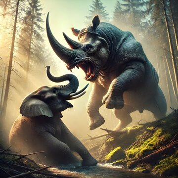 A very fierce one-horned rhinoceros fights with an angry elephant, the background is outside the spring forest, with a tense and scary atmosphere
