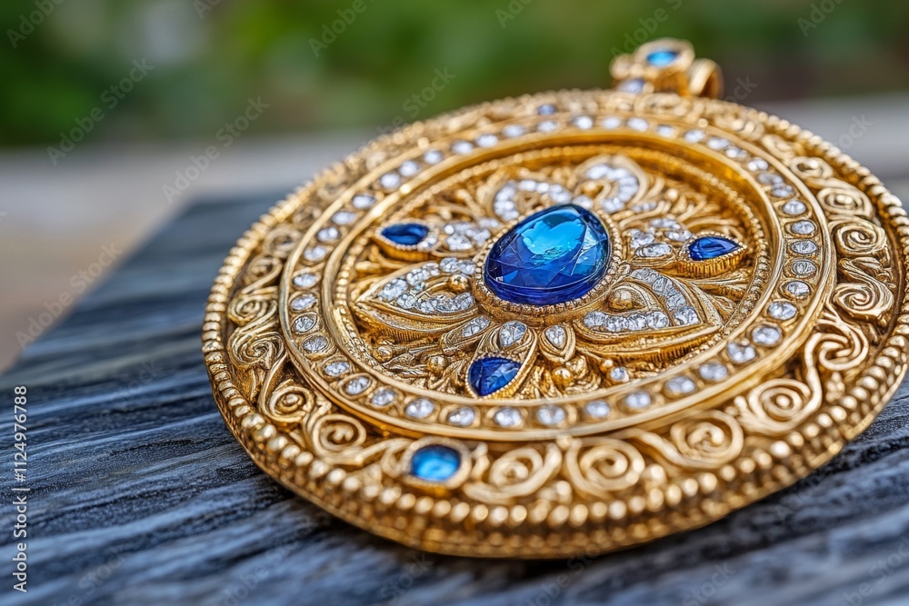 Poster a hyper-realistic close-up of an aum pendant made of gold, with intricate engravings and gemstones c