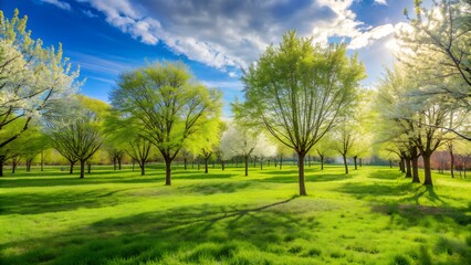 Fototapeta premium Picturesque park with lush green trees and bright blue sky