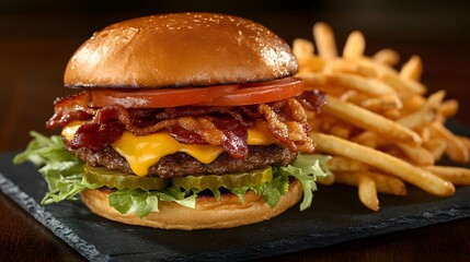 Mouthwatering Gourmet Cheeseburger with Crispy Fries: A Tempting Fast Food Delight