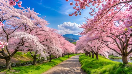 Picturesque path amidst a stunning canopy of cherry blossoms in full bloom