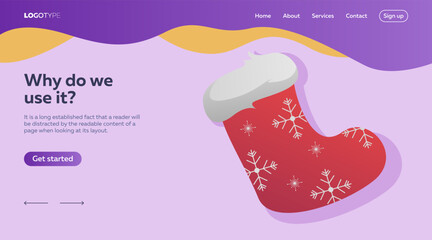 Red Christmas sock with snowflakes. White fur, wool, stocking. Xtmas concept. Landing page template. Vector illustration can be used for topics like Santa Claus, gifts, holiday