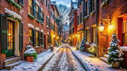 Obraz premium Charming Acorn Street in Boston, Massachusetts, Dressed in a White Christmas Wonderland: The Narrowest Street in Boston Sparkles with Holiday Cheer